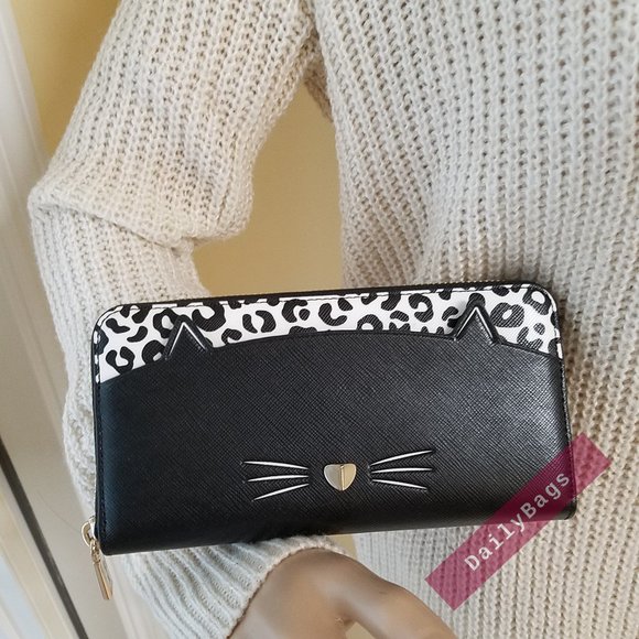 NWT KATE SPADE 100% AUTHENTIC MEOW CAT CONTINENTAL WALLET BLACK WHITE LEOPARD - Picture 3 of 7